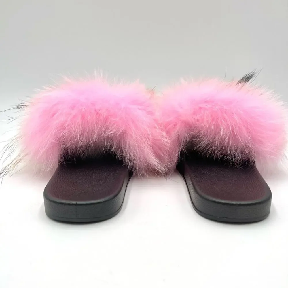 NEW - Fox Fur Slides for Women - Girls Comfort Open Toe Fur Slippers Outdoor